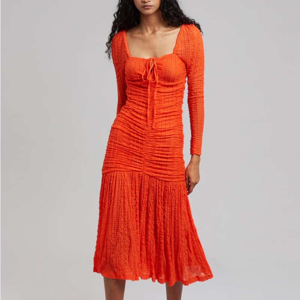 GANNI Ruched Orange Midi Dress - Picture 1 of 5